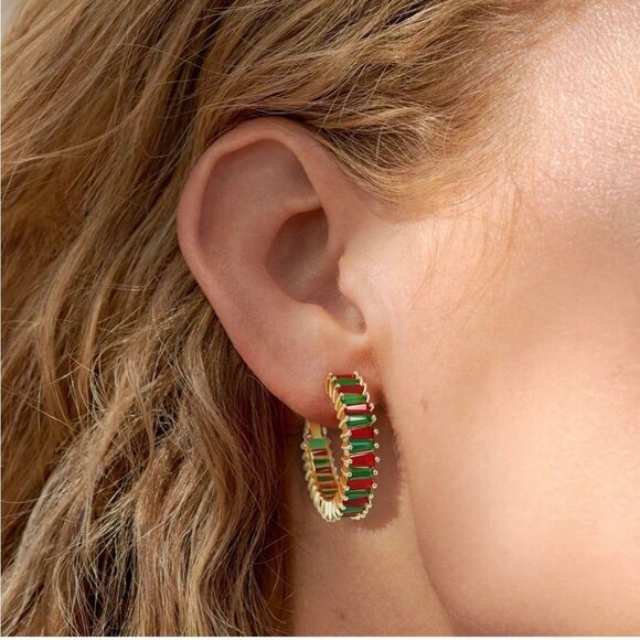 14K Yellow Gold with Ruby and Emerald Cubic Zirconia Hoop Leverback Earrings - Picture 4 of 6